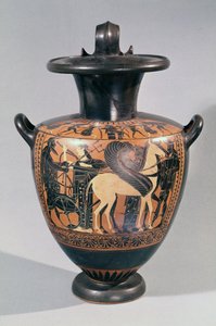 出発の場面を描いた屋根裏の黒い図のハイドリア、c.530-520 BC（陶器） 作： Leagros Group